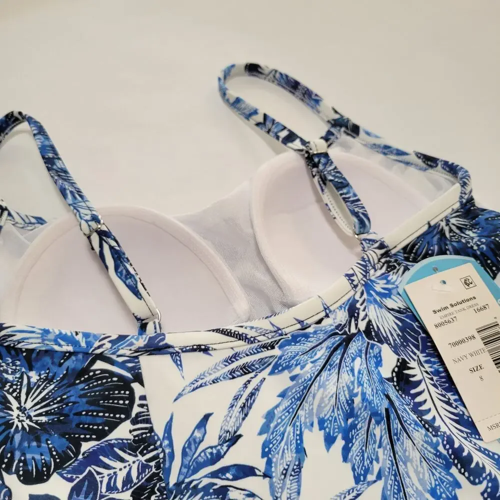 Swim Solutions Blue Blooms Printed Empire Waist Swimdress Modest NWT Size 8 - Picture 11 of 13